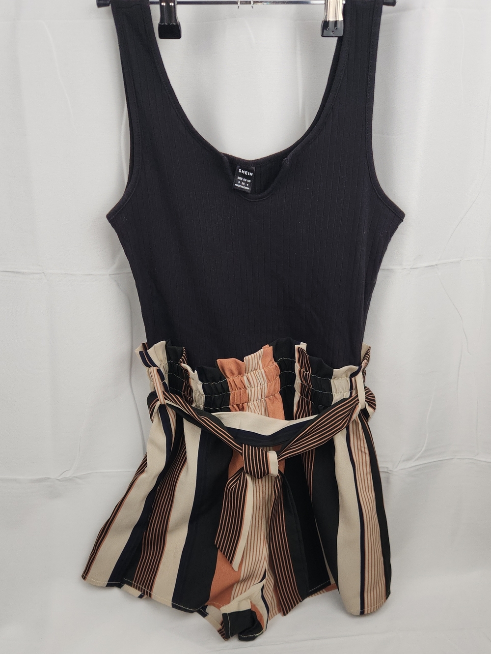 SHEIN Black Ribbed Tank with Striped Paperbag Waist Shorts Set